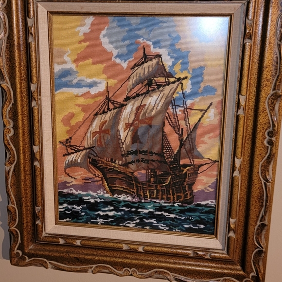 BEAUTIFUL ANTIQUE FRENCH CROSS TAPESTRY SHIP  ON SEA 23X26 - Picture 8 of 8